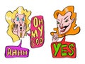 Two emotional portraits of blonde and red-haired girls saying Ã¢â¬Åoh my GodÃ¢â¬Â and Ã¢â¬ÅyesÃ¢â¬Â, calligraphy. Color illustration.